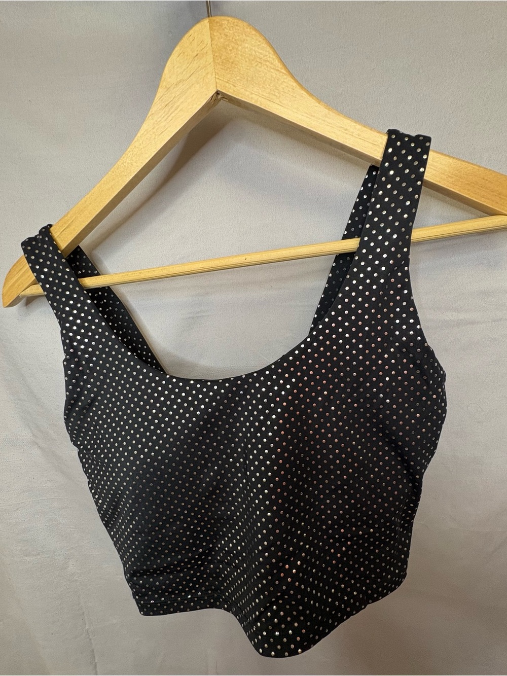 Black polkadot workout tank top with built-in bra
